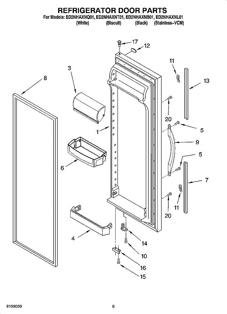 REFRIGERATOR DOOR PARTS Diagram and Parts List for ED2NHAXNT01  Whirlpool Refrigerator