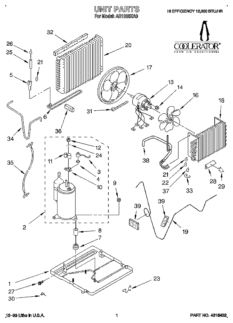 UNIT, LITERATURE Diagram and Parts List for AR1200XA0  Whirlpool Air Conditioner