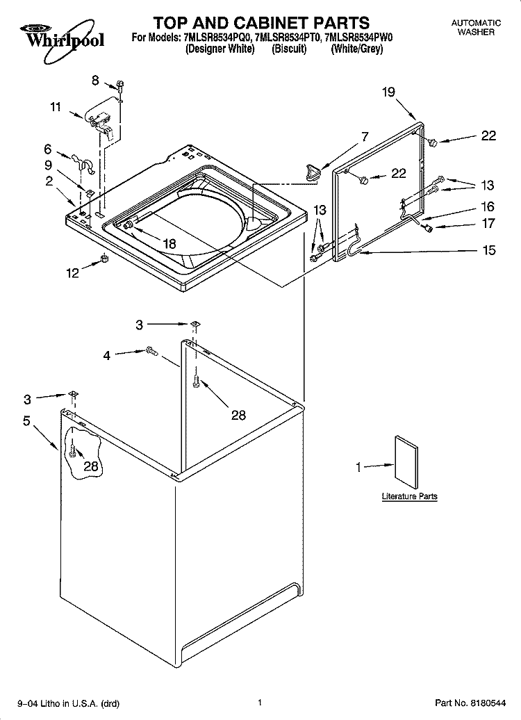 TOP AND CABINET PARTS Diagram and Parts List for 7MLSR8534PT0  Whirlpool Washer