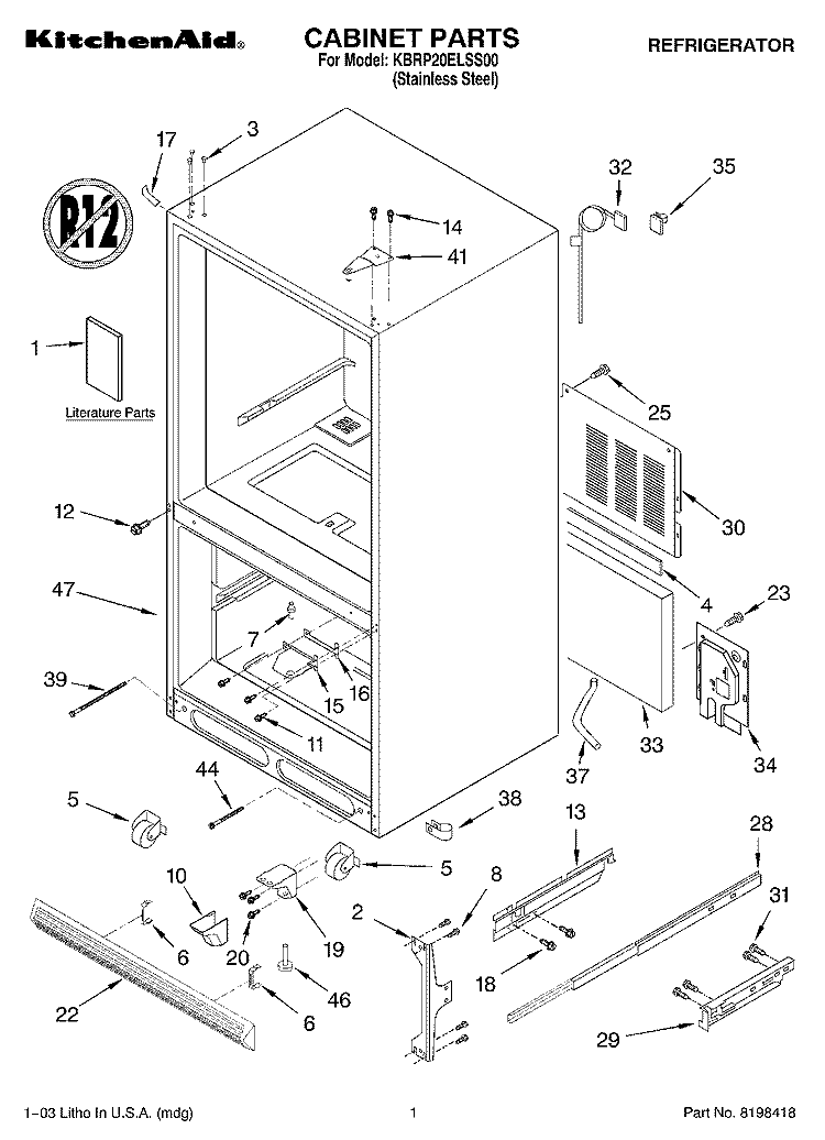 CABINET PARTS Diagram and Parts List for KBRP20ELSS00  KitchenAid Refrigerator