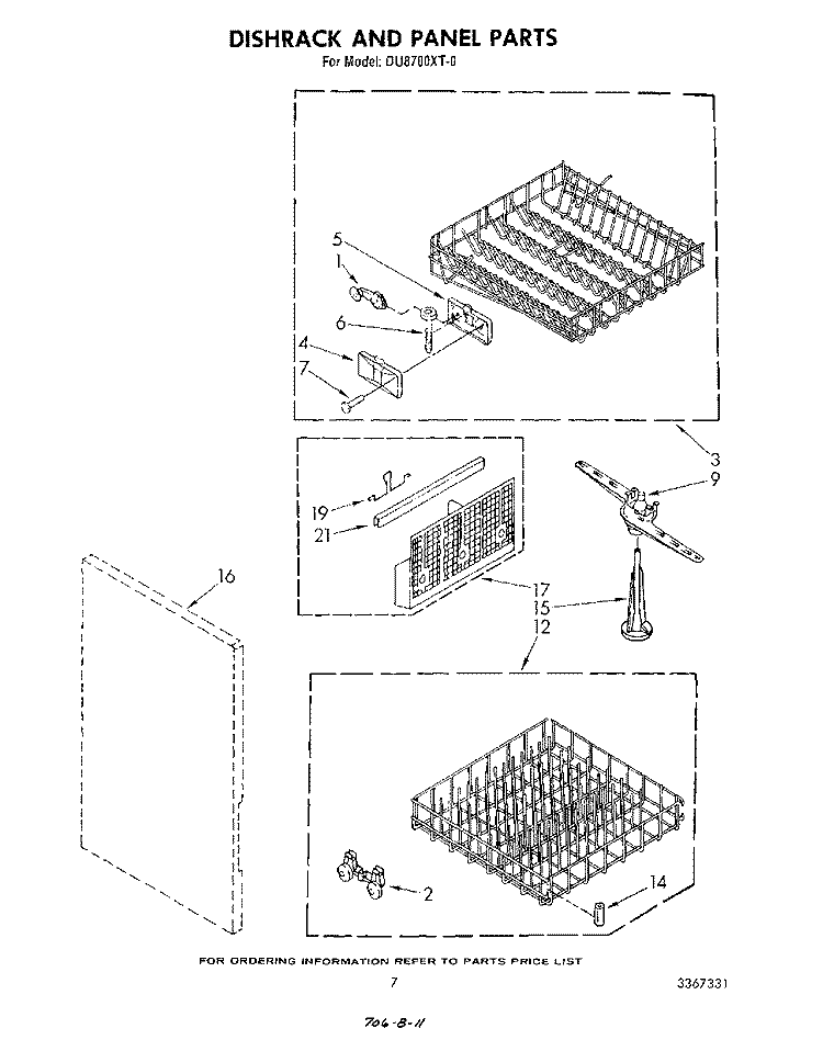 DISHRACK AND PANEL Diagram and Parts List for DU8700XT0  Whirlpool Dishwasher