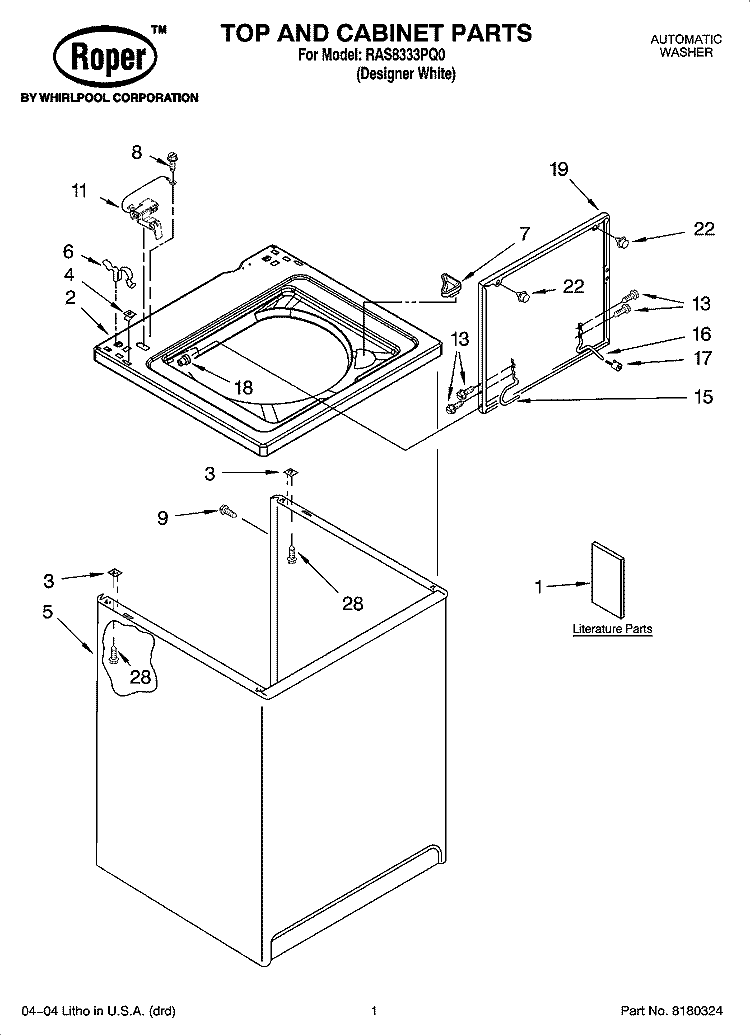 TOP AND CABINET PARTS Diagram and Parts List for RAS8333PQ0  Roper Washer
