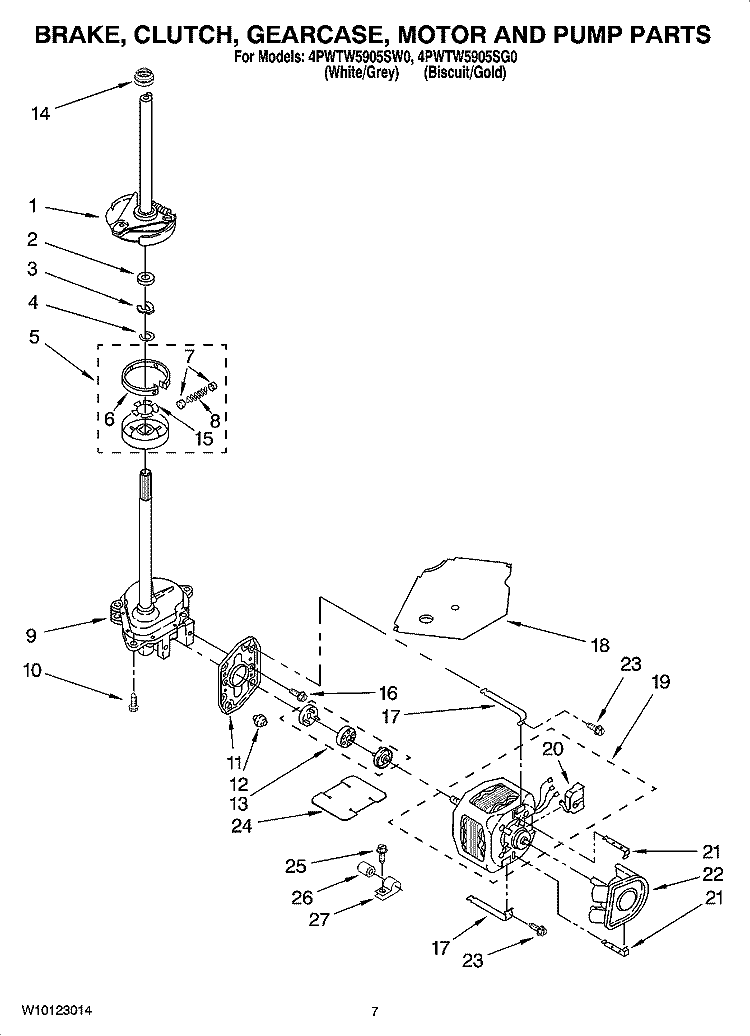 BRAKE, CLUTCH, GEARCASE, MOTOR AND PUMP PARTS Diagram and Parts List for 4PWTW5905SG0  Whirlpool Washer