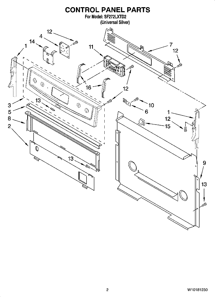 CONTROL PANEL PARTS Diagram and Parts List for SF272LXTD2  Whirlpool Range