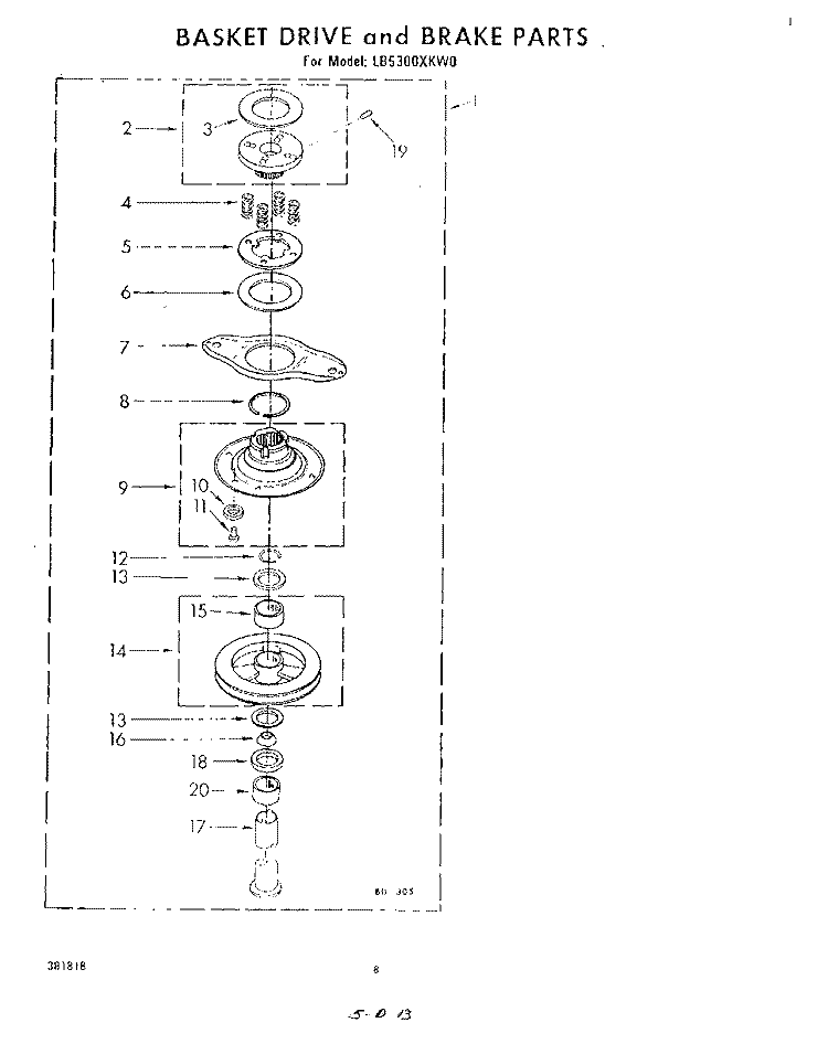 BASKET DRIVE AND BRAKE Diagram and Parts List for LB5300XKW0  Whirlpool Washer
