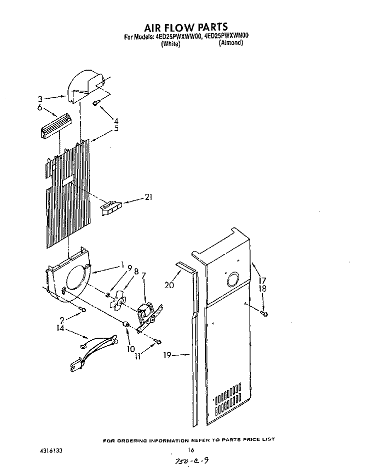 AIRFLOW Diagram and Parts List for 4ED25PWXWN00  Whirlpool Refrigerator