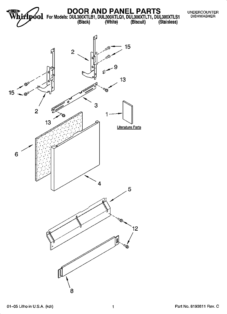 DOOR AND PANEL PARTS Diagram and Parts List for DUL300XTLQ1  Whirlpool Dishwasher