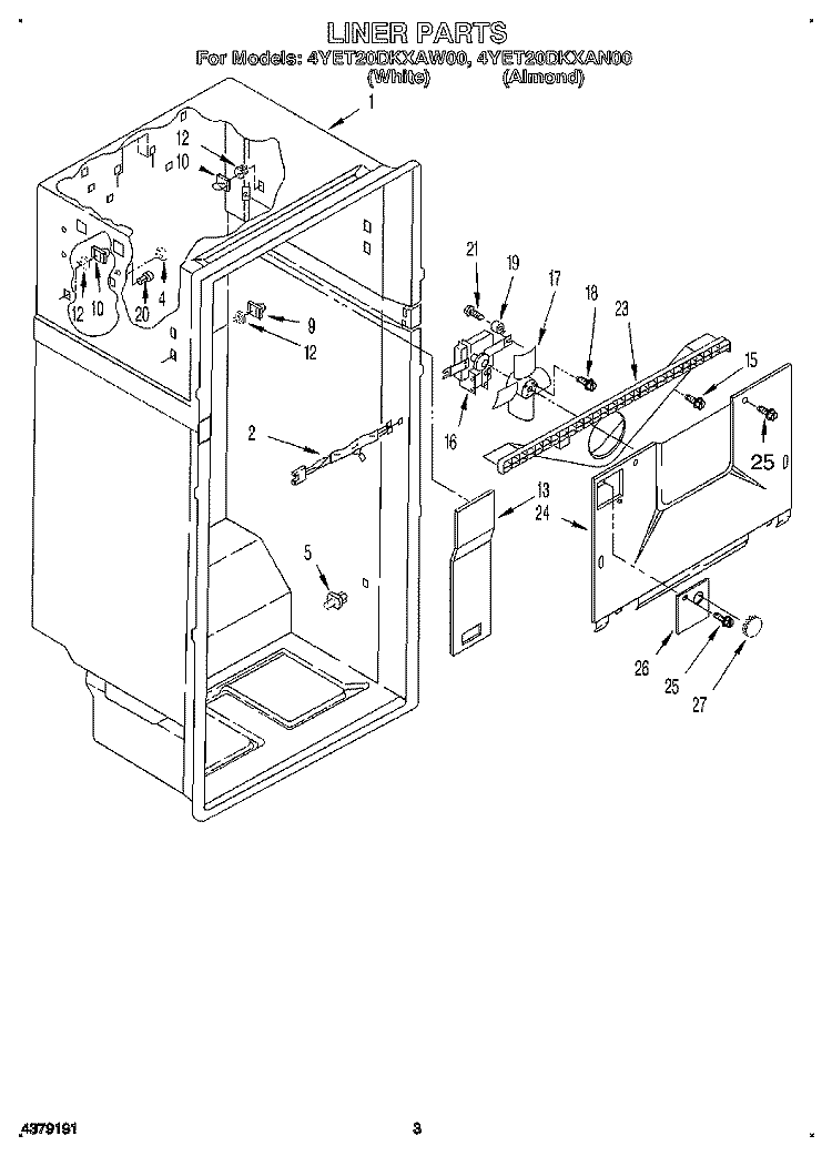 LINER Diagram and Parts List for 4YET20DKAW00  Whirlpool Refrigerator