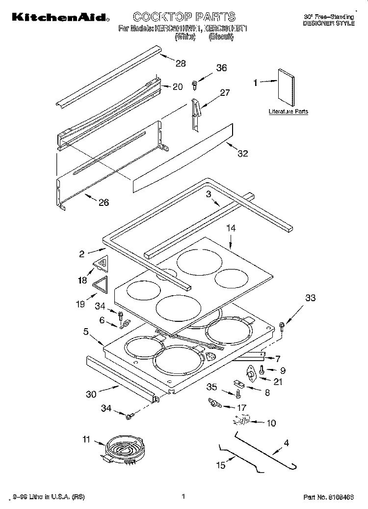 COOKTOP, LITERATURE Diagram and Parts List for KERC601HBT1  KitchenAid Range