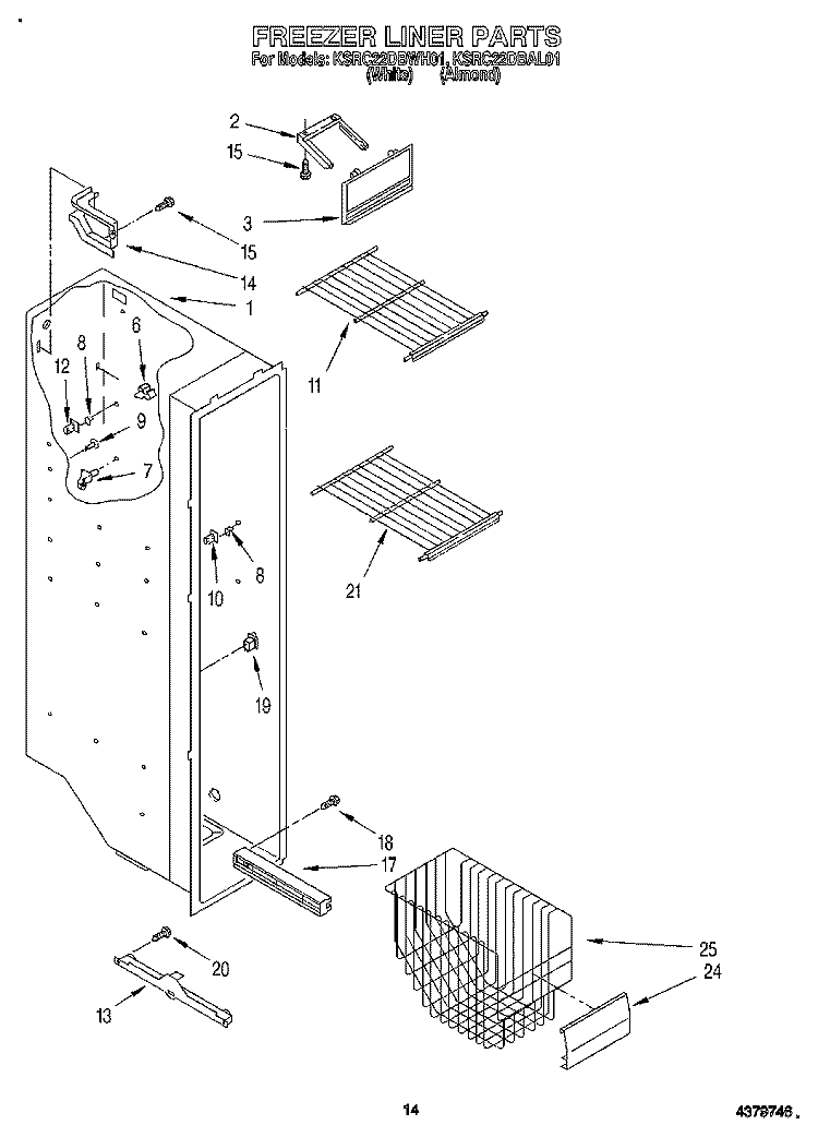 FREEZER LINER Diagram and Parts List for KSRC22DBWH01  KitchenAid Refrigerator