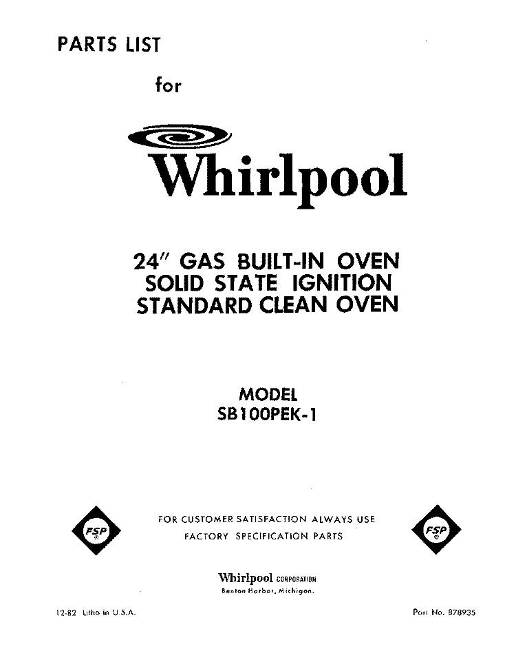 SECTION Diagram and Parts List for SB100PEK1  Whirlpool Wall Oven