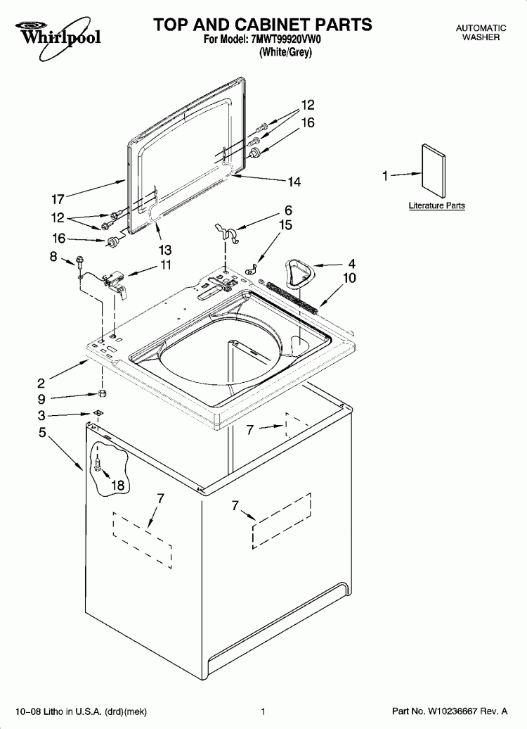 TOP AND CABINET PARTS Diagram and Parts List for 7MWT99920VW0  Whirlpool Washer