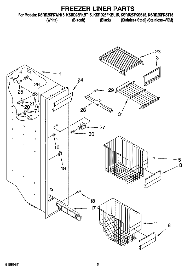FREEZER LINER PARTS Diagram and Parts List for KSRD25FKSS15  KitchenAid Refrigerator
