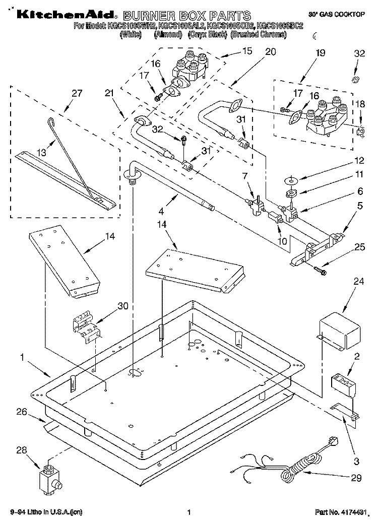 BURNER BOX PARTS Diagram and Parts List for KGCS100SBC2  KitchenAid Cooktop
