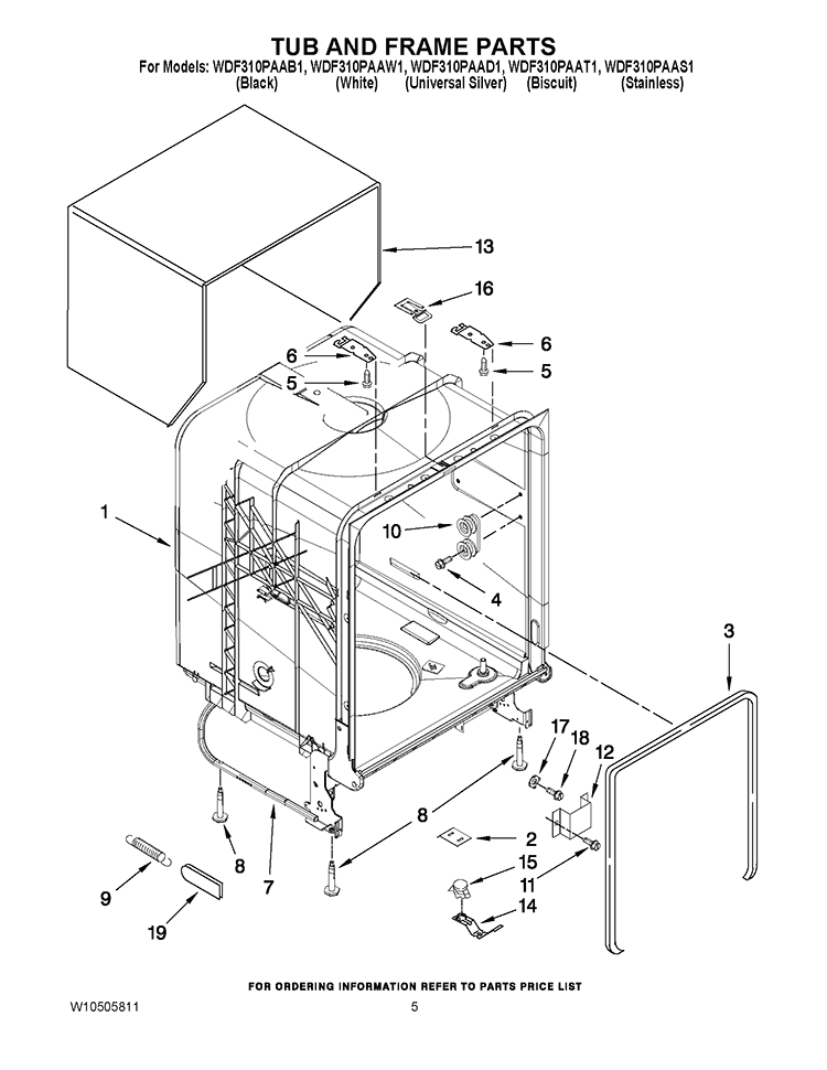 TUB AND FRAME PARTS Diagram and Parts List for WDF310PAAT1  Whirlpool Dishwasher