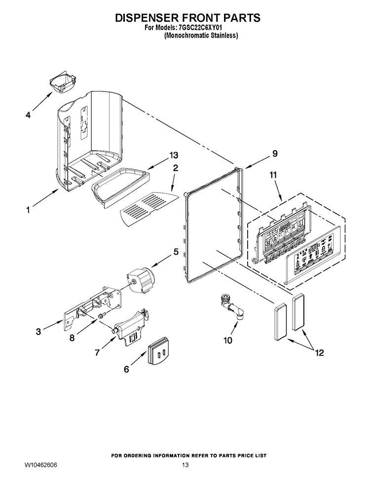DISPENSER FRONT PARTS Diagram and Parts List for 7GSC22C6XY01  Whirlpool Refrigerator