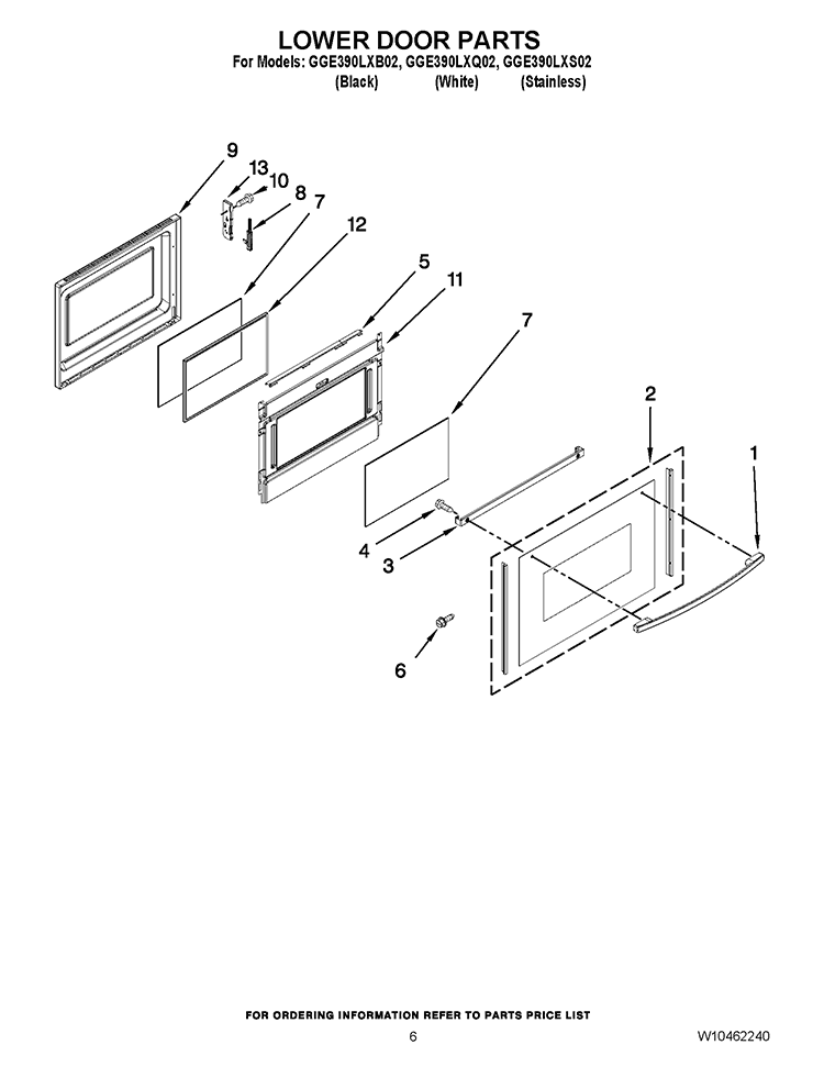 LOWER DOOR PARTS Diagram and Parts List for GGE390LXQ02  Whirlpool Range