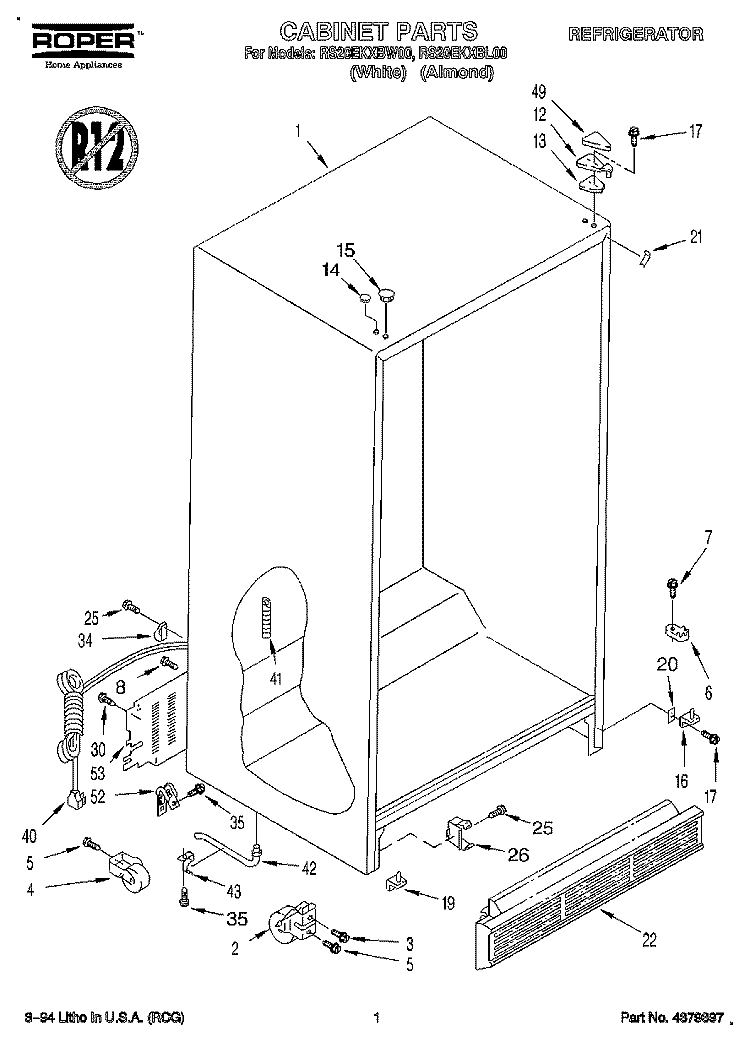 CABINET Diagram and Parts List for RS20EKXBW00  Roper Refrigerator