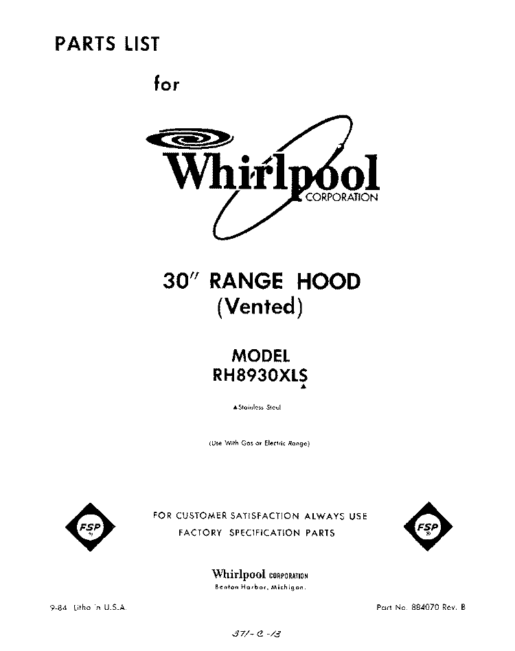 SECTION Diagram and Parts List for RH8930XLS  Whirlpool Range Hood