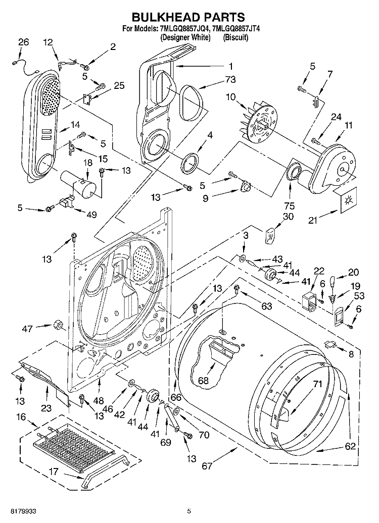BULKHEAD Diagram and Parts List for 7MLGQ8857JQ4  Whirlpool Dryer