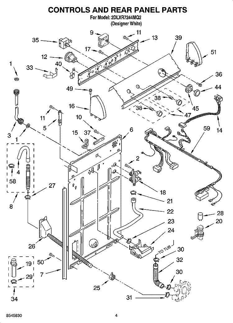 CONTROL AND REAR PANEL PARTS Diagram and Parts List for 2DLXR7244MQ2  Whirlpool Washer