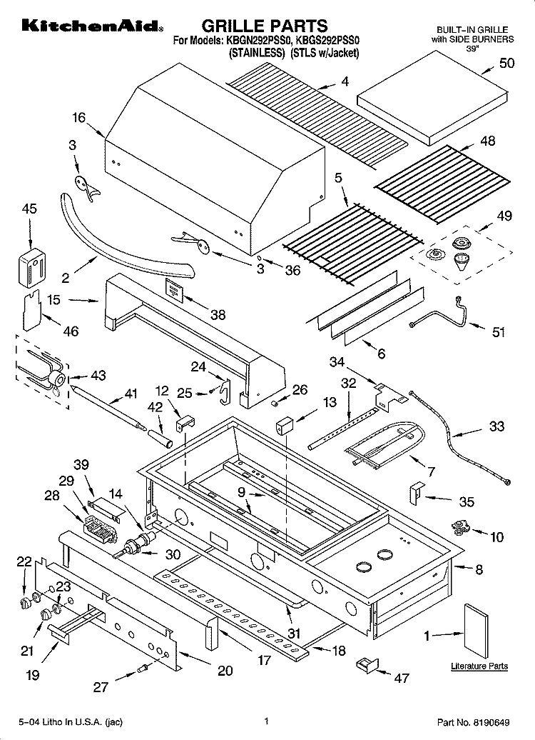 GRILLE PARTS Diagram and Parts List for KBGN292PSS0  KitchenAid Grill