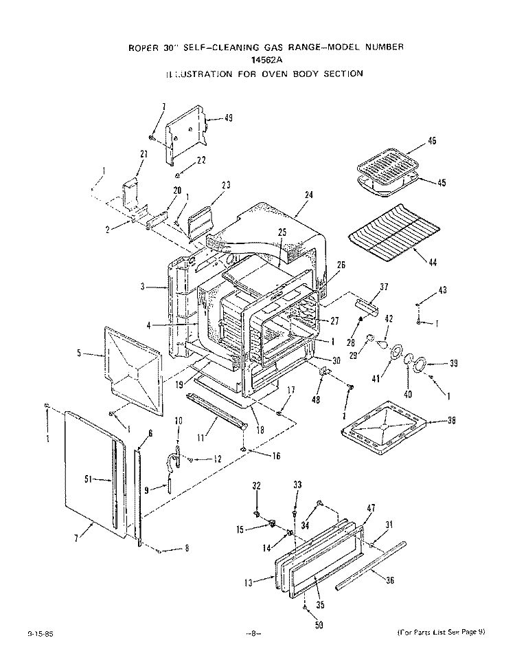 OVEN DOOR Diagram and Parts List for 1456W2A  Roper Range