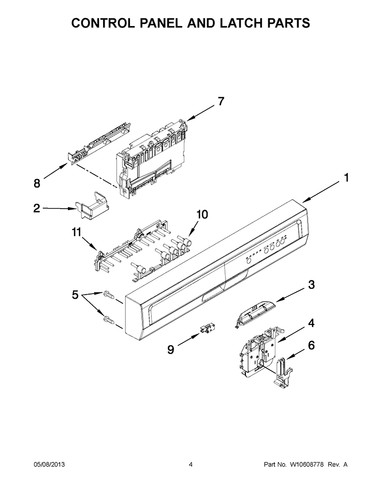CONTROL PANEL AND LATCH PARTS Diagram and Parts List for WDF510PAYS8  Whirlpool Dishwasher