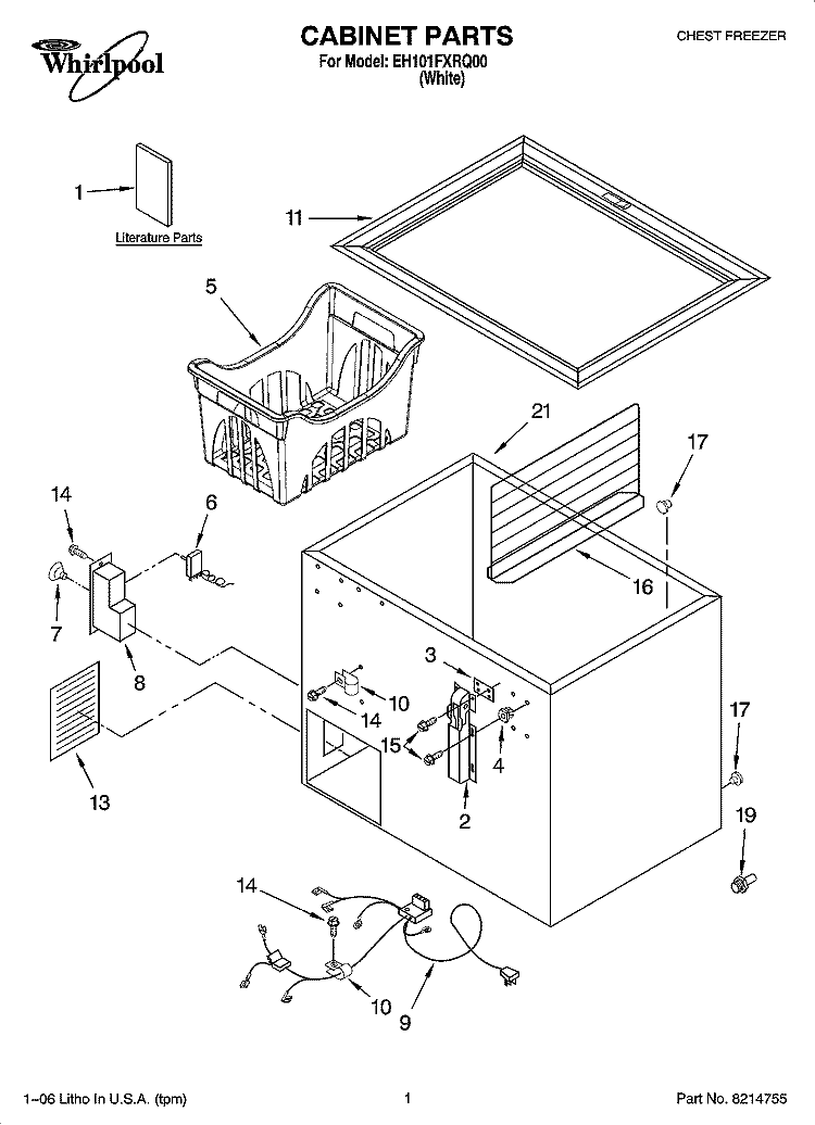 CABINET PARTS Diagram and Parts List for EH101FXRQ00  Whirlpool Freezer