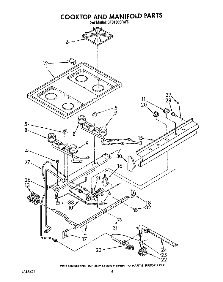COOKTOP AND MANIFOLD, LIT/OPTIONAL Diagram and Parts List for SF0100SRW6  Whirlpool Range