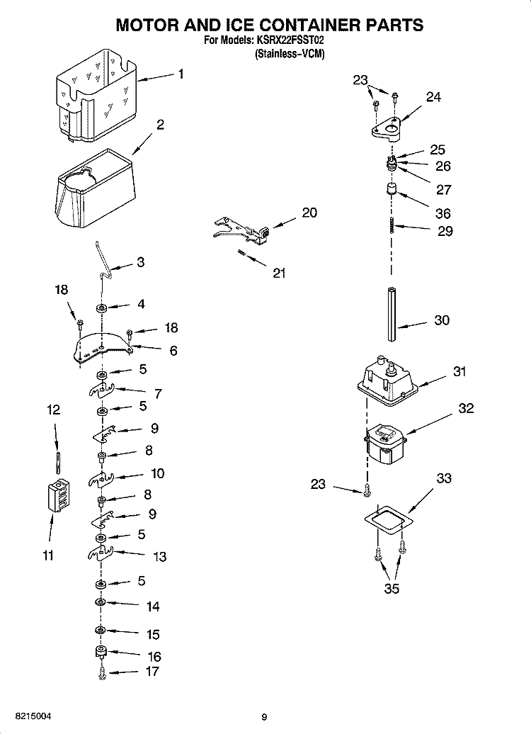 MOTOR AND ICE CONTAINER PARTS Diagram and Parts List for KSRX22FSST02  KitchenAid Refrigerator