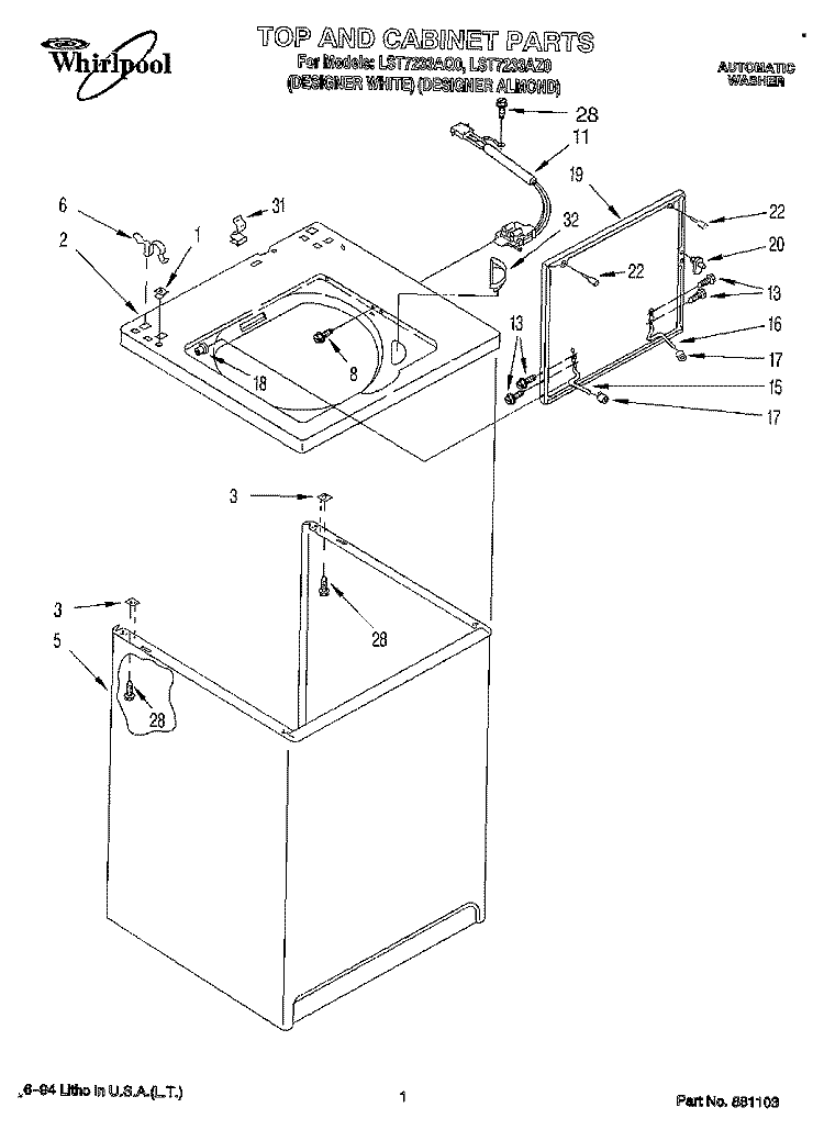 TOP AND CABINET, LIT/OPTIONAL Diagram and Parts List for LST7233AQ0  Whirlpool Washer