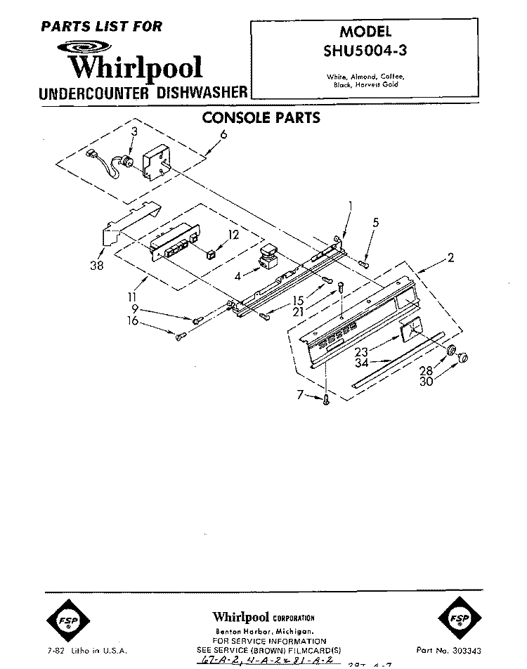 CONSOLE Diagram and Parts List for SHU50043  Whirlpool Dishwasher