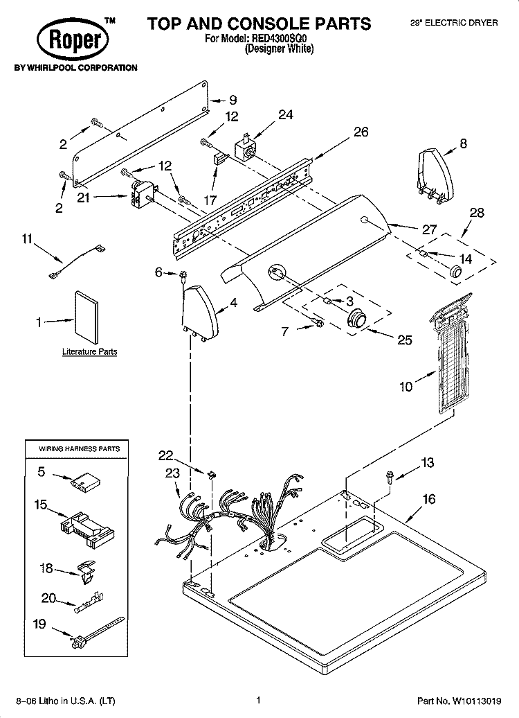 TOP AND CONSOLE PARTS Diagram and Parts List for RED4300SQ0  Roper Dryer