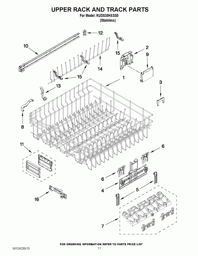 UPPER RACK AND TRACK PARTS Diagram and Parts List for KUDS30HXSS0  KitchenAid Dishwasher