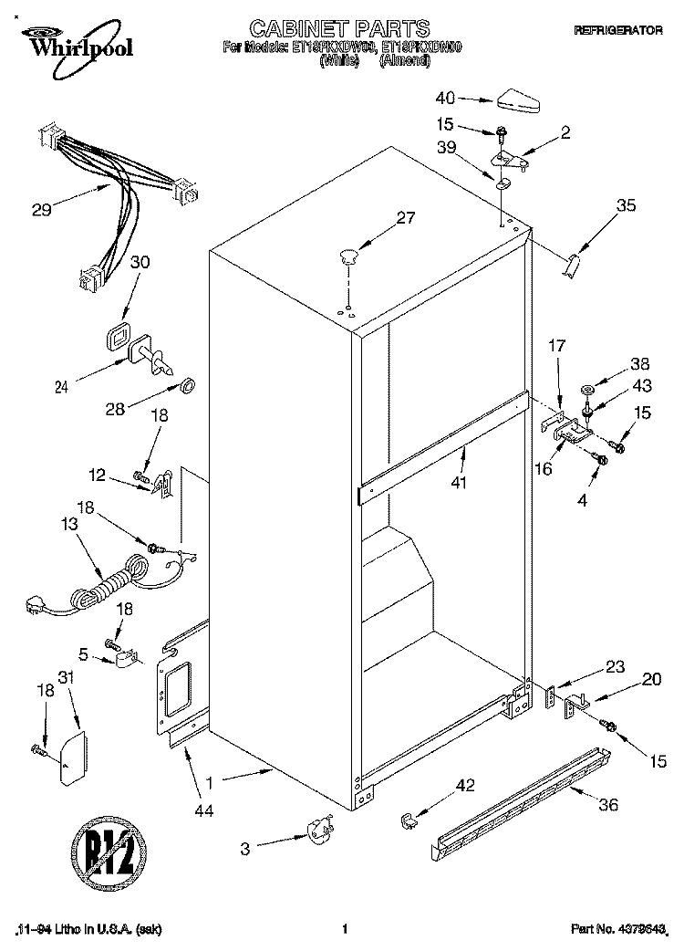 CABINET Diagram and Parts List for ET18PKXDN00  Whirlpool Refrigerator