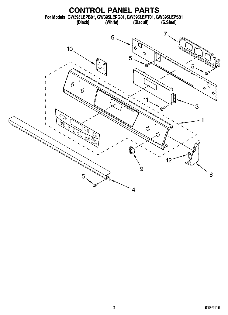 CONTROL PANEL PARTS Diagram and Parts List for GW395LEPQ01  Whirlpool Range