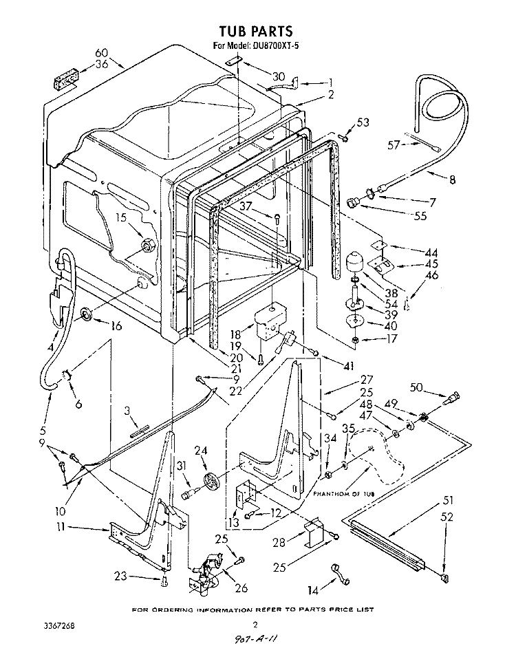 TUB , LITERATURE AND OPTIONAL Diagram and Parts List for DU8700XT5  Whirlpool Dishwasher
