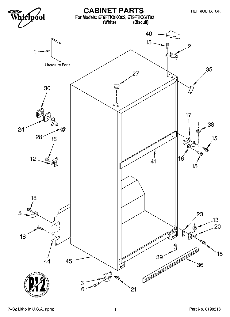 CABINET, LITERATURE Diagram and Parts List for ET9FTKXKT02  Whirlpool Refrigerator