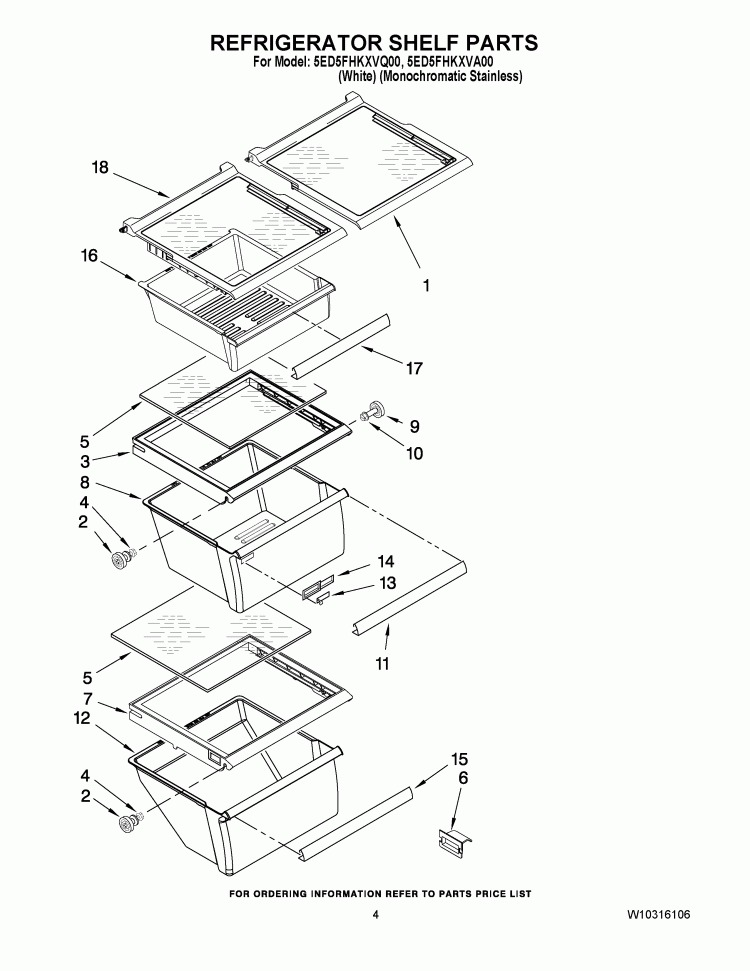 REFRIGERATOR SHELF PARTS Diagram and Parts List for 5ED5FHKXVQ00  Whirlpool Refrigerator
