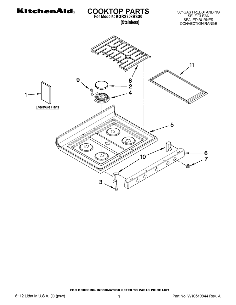 COOKTOP PARTS Diagram and Parts List for KGRS308BSS0  KitchenAid Range