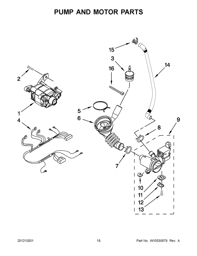 PUMP AND MOTOR PARTS Diagram and Parts List for CET8000AQ1  Whirlpool Washer Dryer Combo