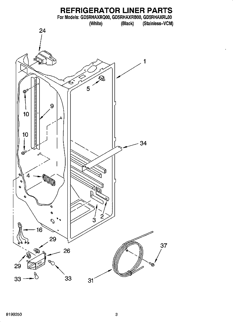 REFRIGERATOR LINER PARTS Diagram and Parts List for GD5RHAXRB00  Whirlpool Refrigerator