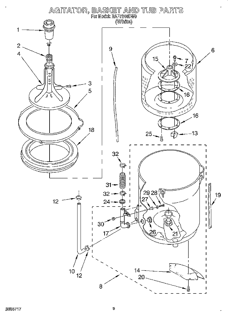 AGITATOR, BASKET AND TUB Diagram and Parts List for RAP7244DW0  Whirlpool Washer