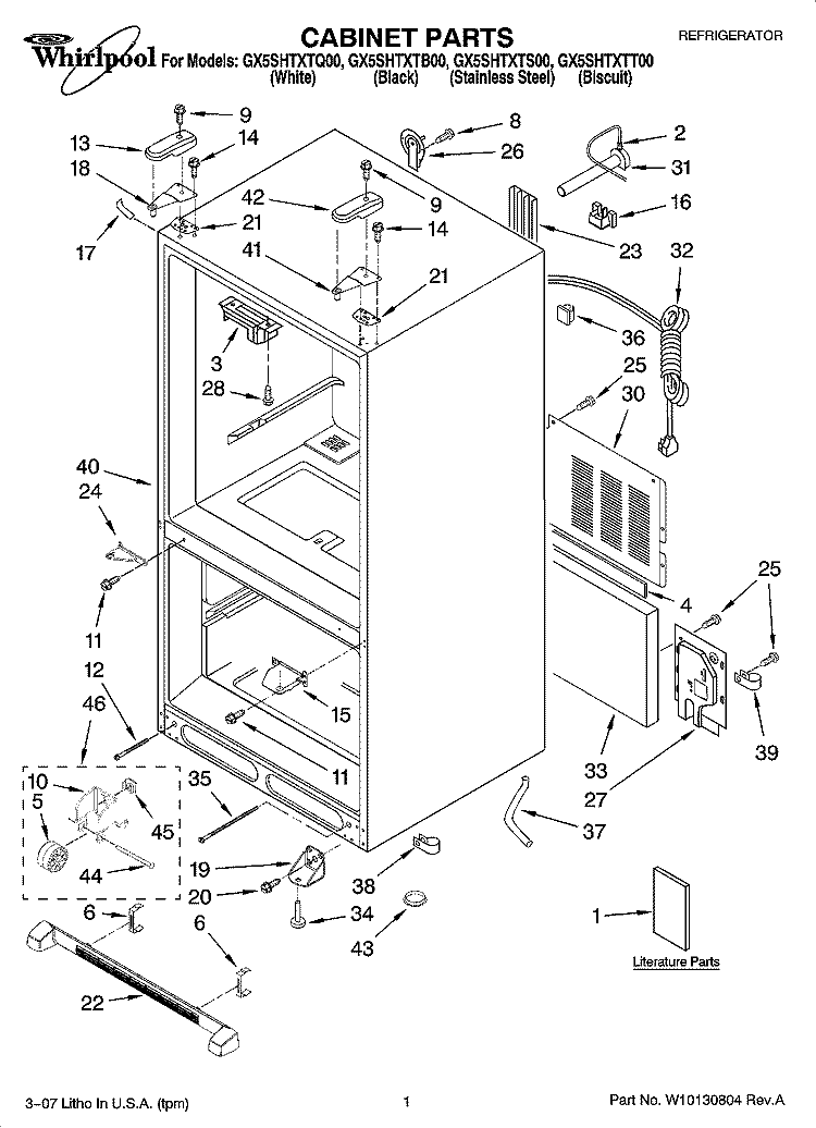 CABINET PARTS Diagram and Parts List for GX5SHTXTB00  Whirlpool Refrigerator