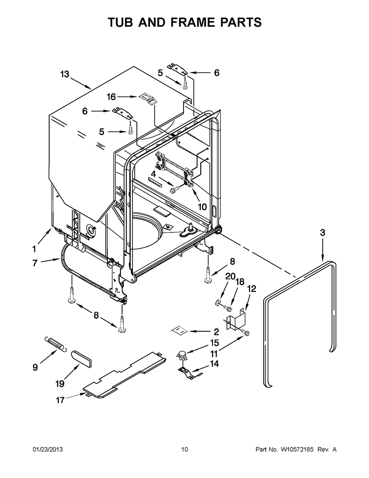 TUB AND FRAME PARTS Diagram and Parts List for WDF530PLYB4  Whirlpool Dishwasher