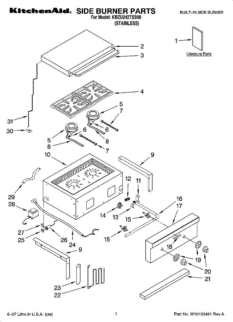 SIDE BURNER PARTS Diagram and Parts List for KBZU242TSS00  KitchenAid Grill