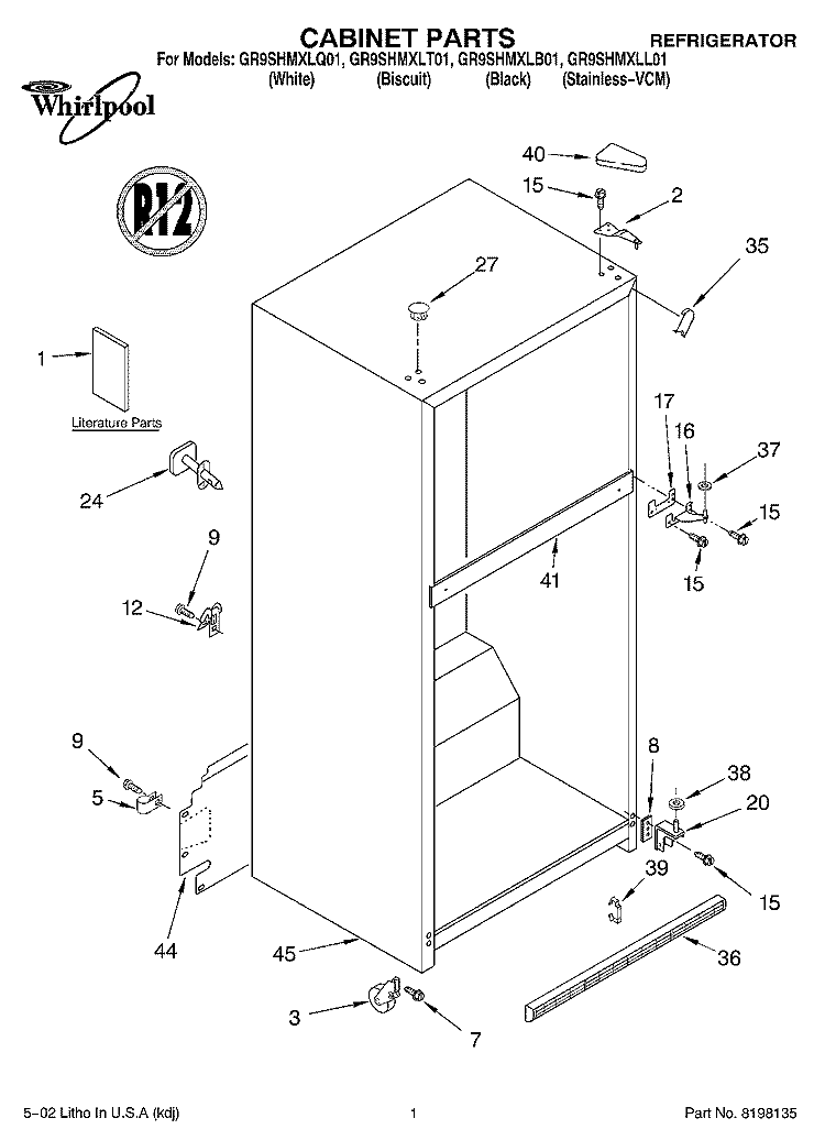CABINET, LITERATURE Diagram and Parts List for GR9SHMXLQ01  Whirlpool Refrigerator