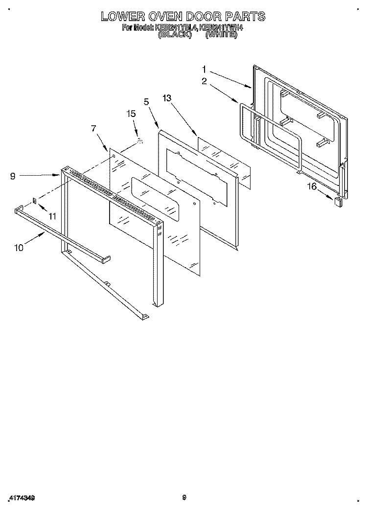 LOWER OVEN DOOR Diagram and Parts List for KEBI241YBL4  KitchenAid Wall Oven