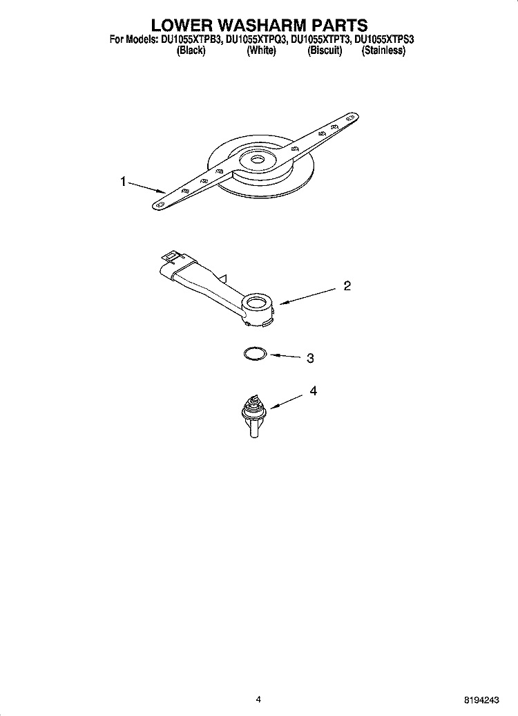 LOWER WASHARM PARTS Diagram and Parts List for DU1055XTPS3  Whirlpool Dishwasher